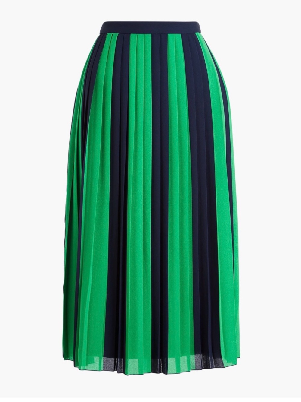 J. Crew Green and Navy Pleated Stripe Midi Skirt